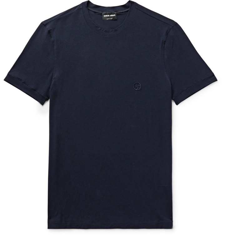 Photo: Giorgio Armani - Slim-Fit Logo-Embroidered Stretch-Jersey T-Shirt - Blue