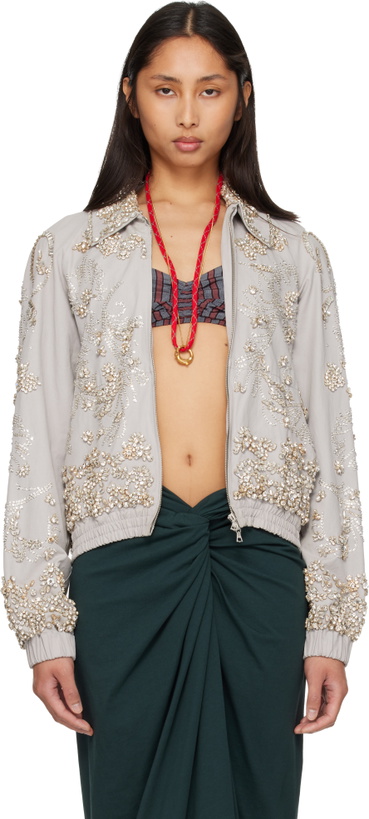 Photo: Dries Van Noten Gray Embroidered Cotton Blouson Jacket