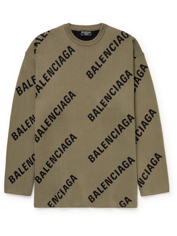 Photo: BALENCIAGA - Oversized Logo-Intarsia Cotton-Blend Sweater - Brown