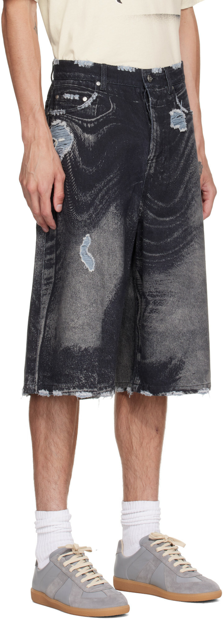 CAMPERLAB Black Distorted Print Distressed Denim Shorts