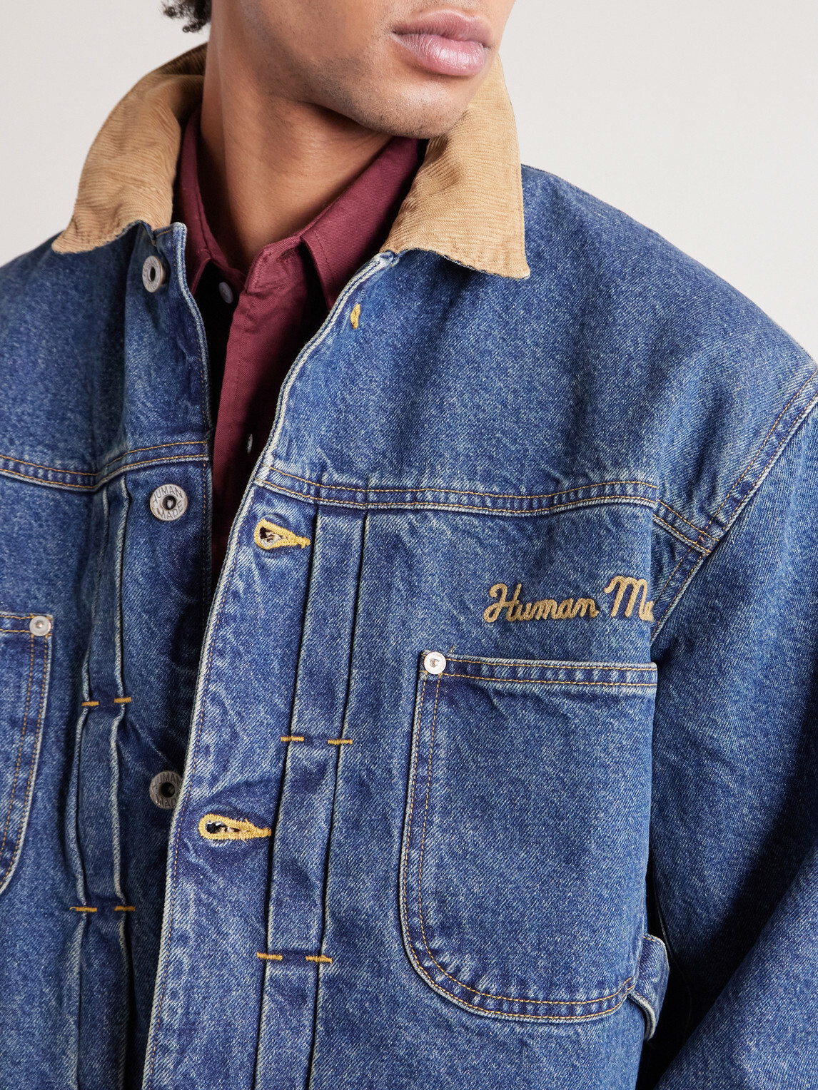 Human Made - Corduroy-Trimmed Logo-Embroidered Denim Jacket - Blue