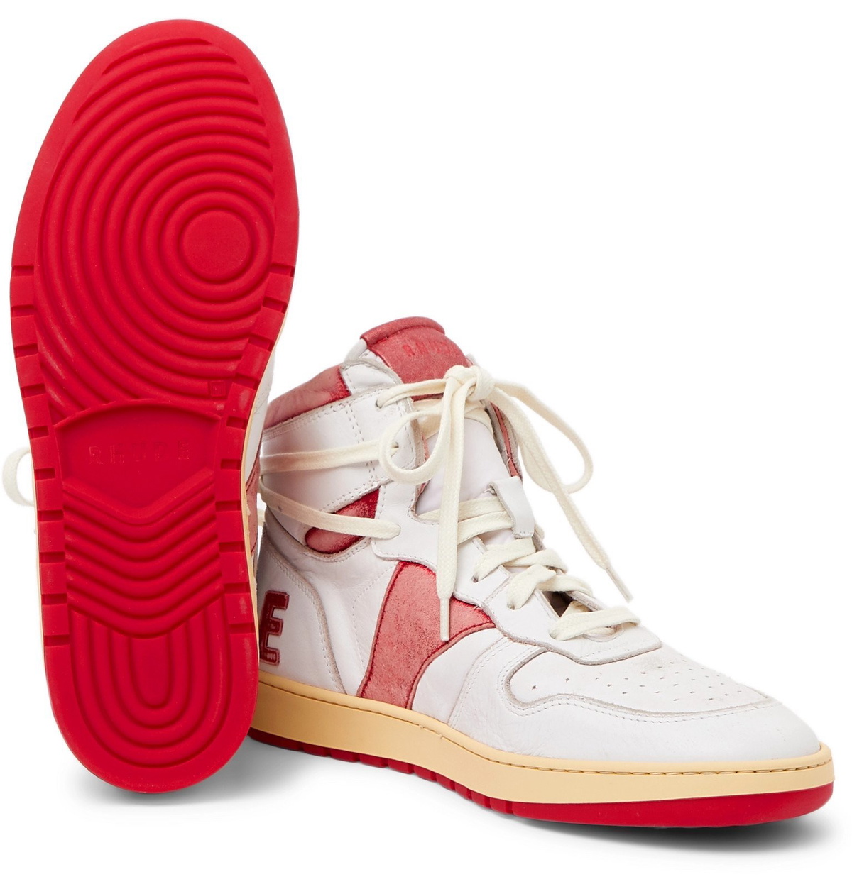 Rhude - Rhecess Distressed Leather High-Top Sneakers - Red Rhude