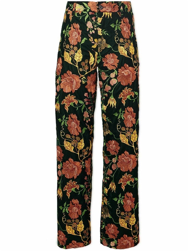 Photo: Séfr - Richie Straight-Leg Floral-Embroidered Velour Trousers - Green