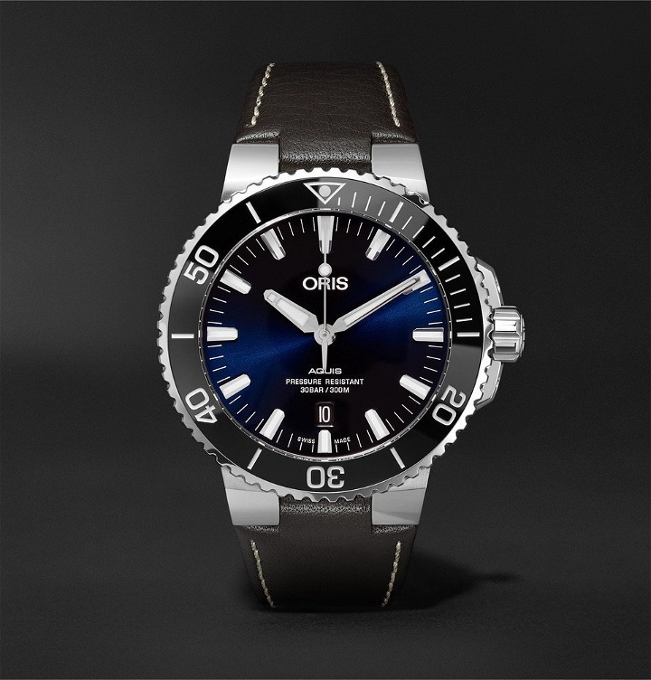 Photo: Oris - Aquis 43mm Stainless Steel and Leather Watch - Men - Blue