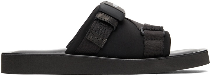 Photo: Moschino Black Neoprene Logo Tape Sandals