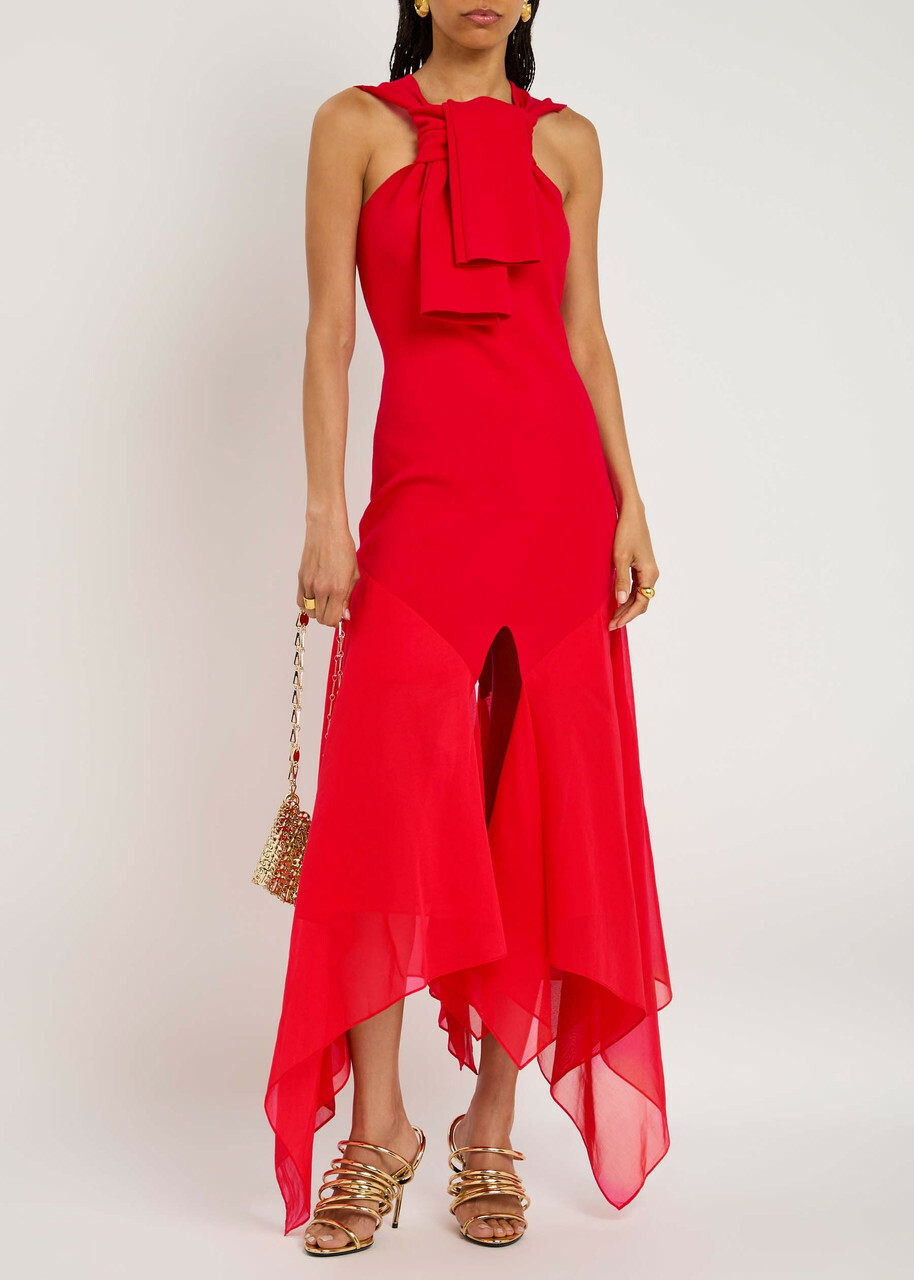 A.W.A.K.E Mode Chiffon and Knit Knotted-neckline Midi Dress Red