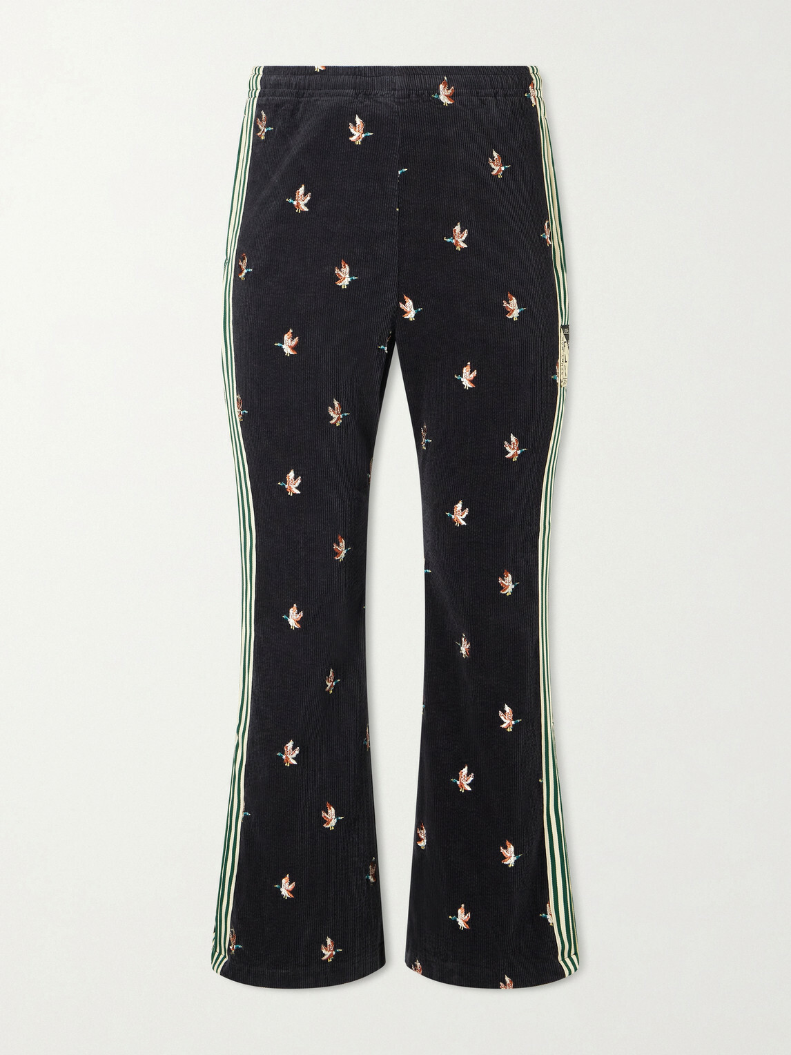 KAPITAL - Cropped Flared Webbing-Trimmed Embroidered Cotton-Blend Corduroy Sweatpants - Black