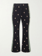 KAPITAL - Cropped Flared Webbing-Trimmed Embroidered Cotton-Blend Corduroy Sweatpants - Black