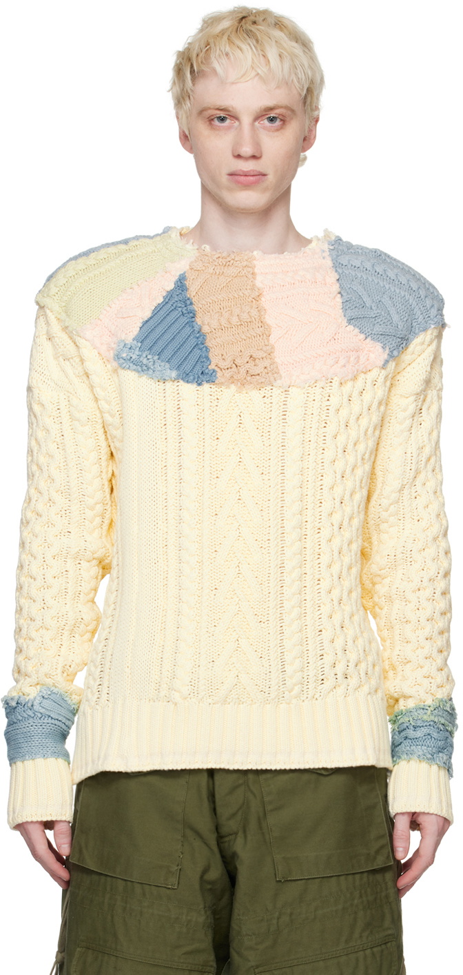 Greg Lauren Beige Stitchwork Fair Isle Sweater Greg Lauren