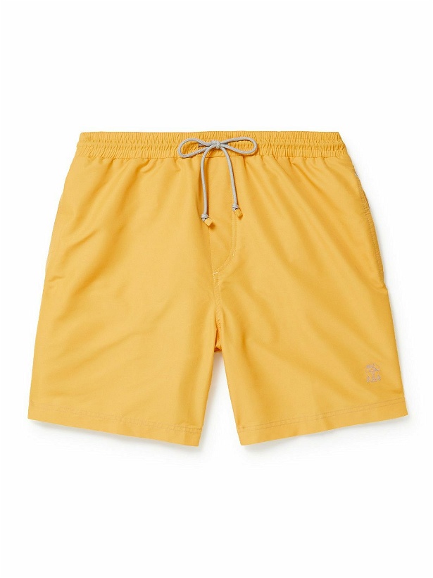 Photo: Brunello Cucinelli - Long-Length Logo-Embroidered Swim Shorts - Yellow