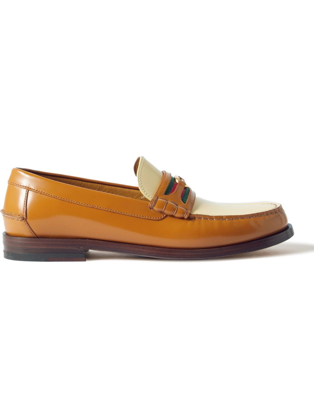 Photo: Gucci - Keveh Logo-Detailed Webbing-Trimmed Two-Tone Leather Loafers - Brown