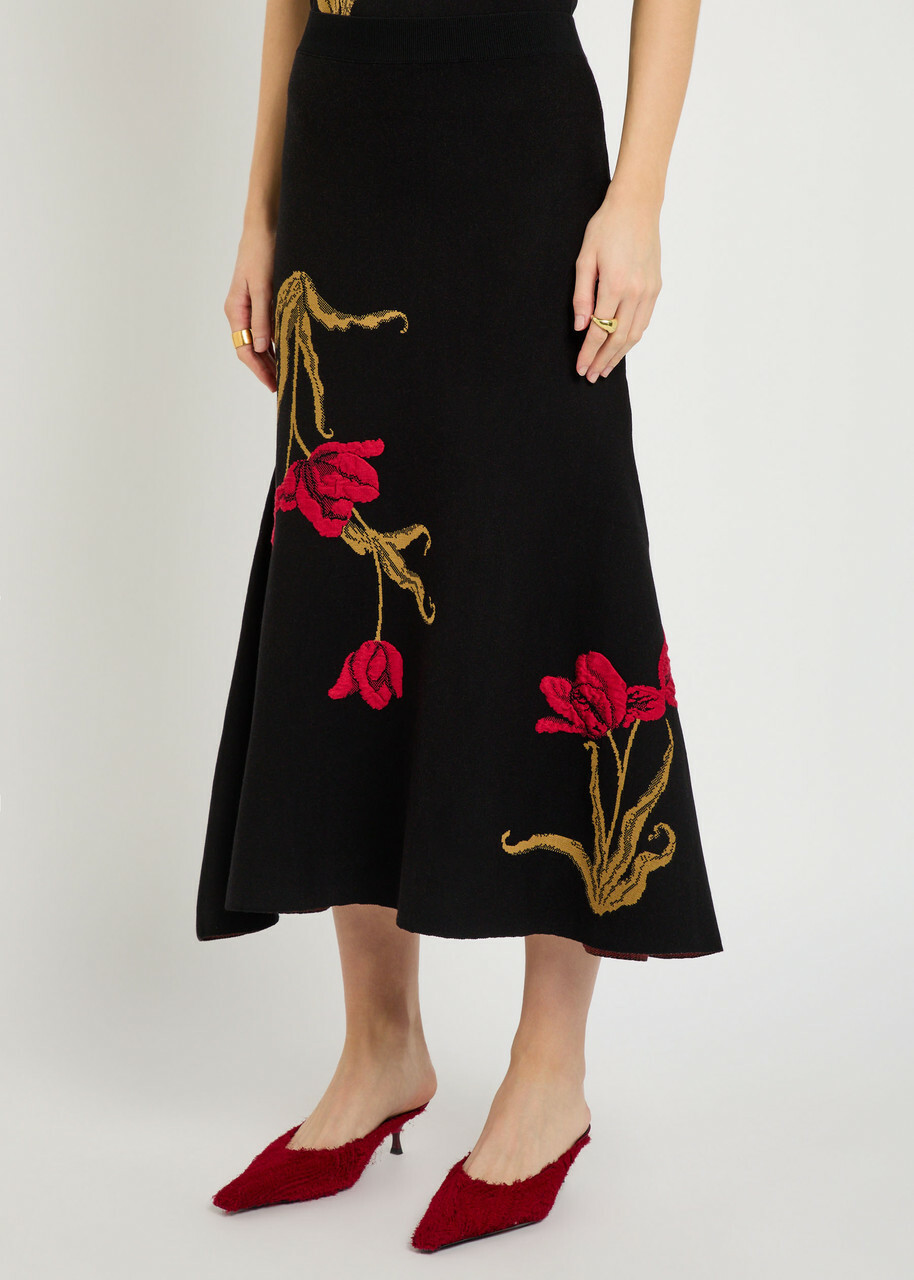 Erdem Floral-intarsia Knit Midi Skirt Black