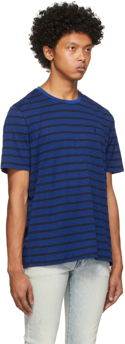 Saint Laurent★素敵！Blue Cotton Striped Crewneck T-shirt SAINT LAURENT - Logo-Embroidered Striped Cotton-Jersey T