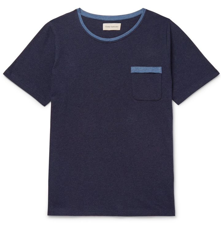 Photo: Oliver Spencer - Envelope Contrast-Tipped Cotton-Jersey T-Shirt - Blue