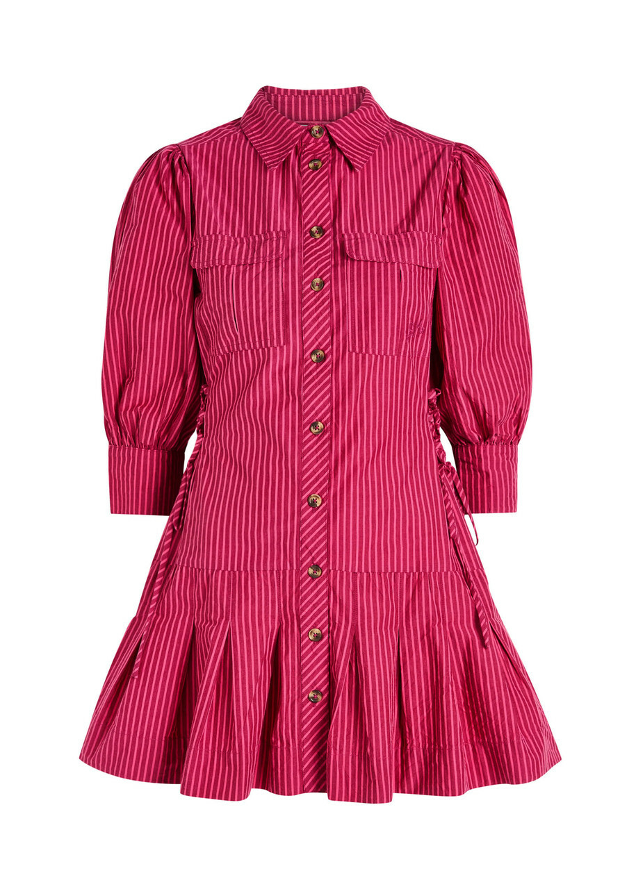 Damson Madder Maisie Striped Cotton Mini Shirt Dress Red