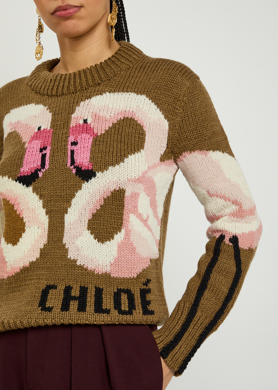 Chloe Flamingo and Logo-intarsia Wool Jumper Brown Other