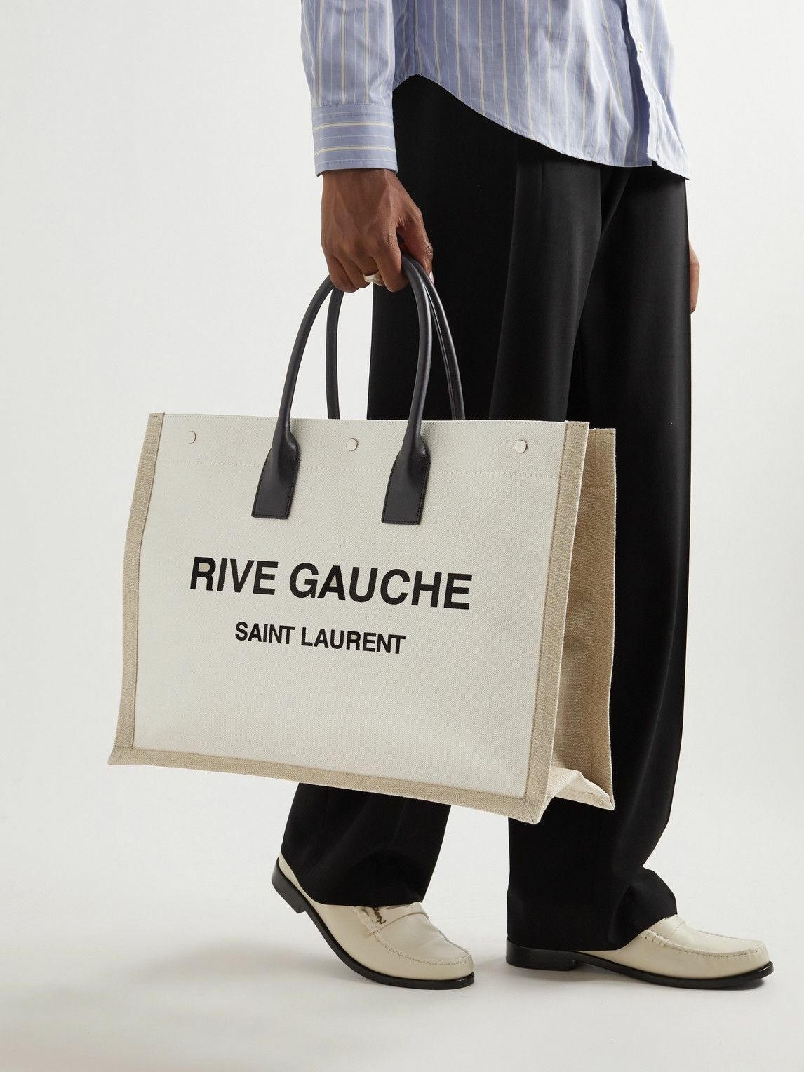 rive gauche north/south tote bag in printed linen and leather