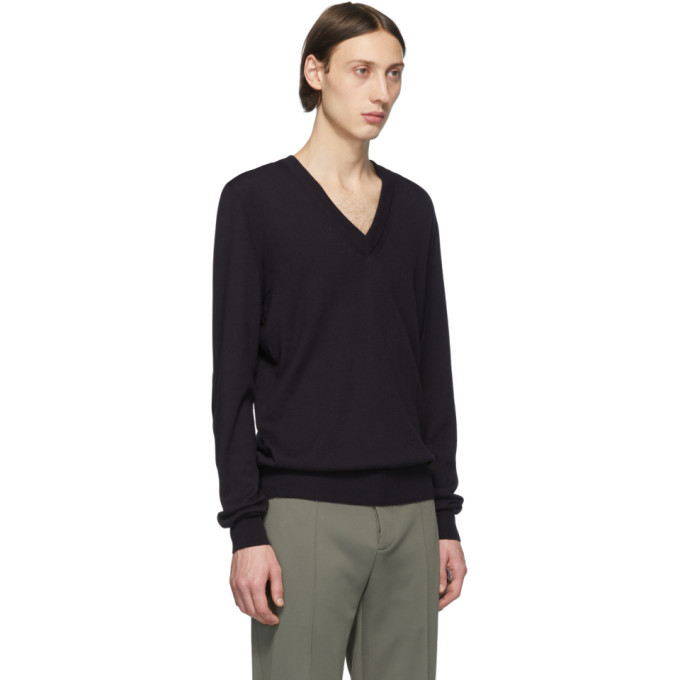 Maison Margiela Navy Elbow Patch V-Neck Sweater Maison Margiela