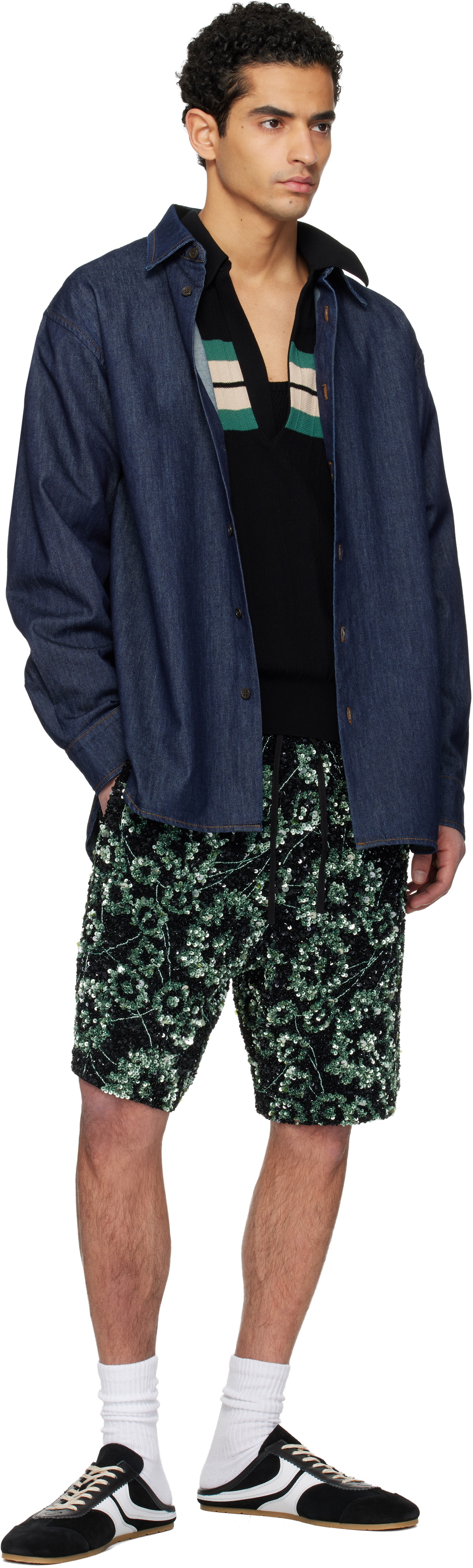 Dries Van Noten Black & Green Embroidered Shorts