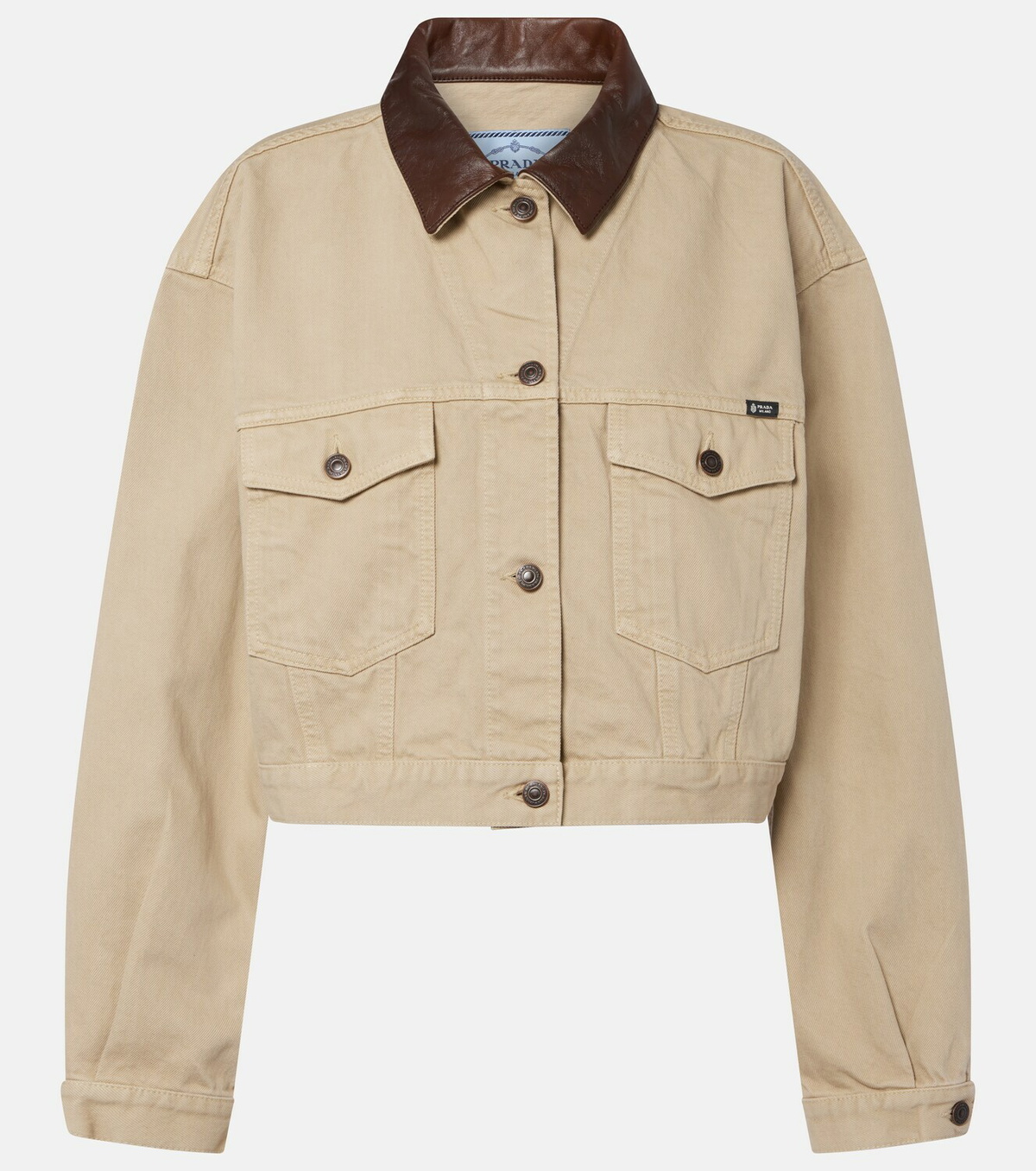 Prada Leather-trimmed cropped denim jacket