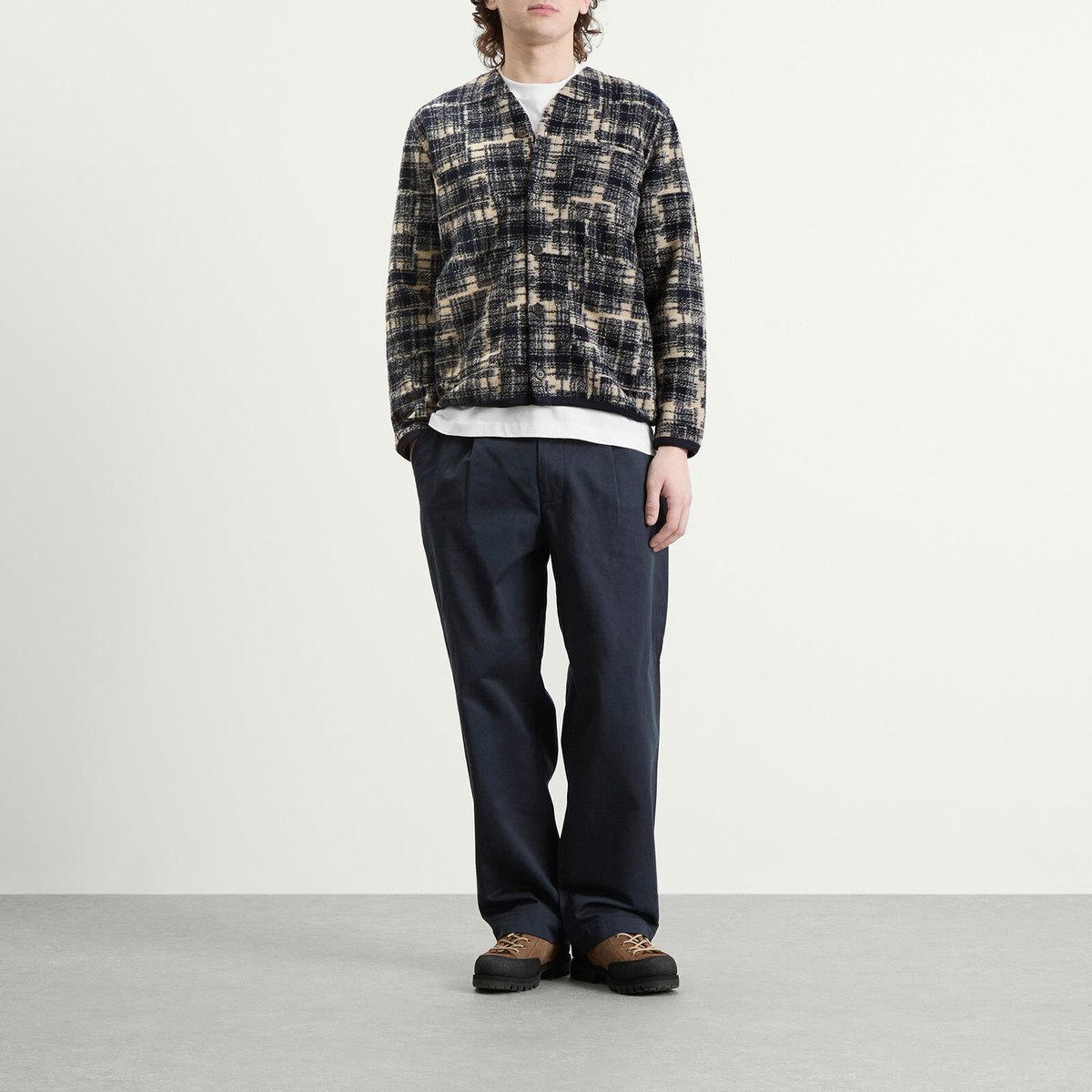Universal Works Men's Patch Check Fleece Cardigan in Navy