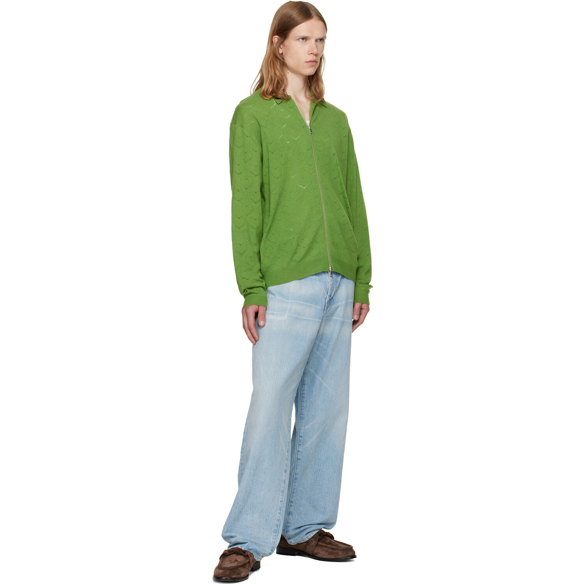 vowels Green Eyelet Knitted Zip-Up Sweater