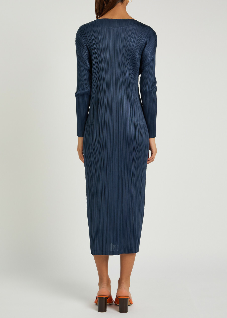Pleats Please Issey Miyake Pleated Woven Midi Dress Navy