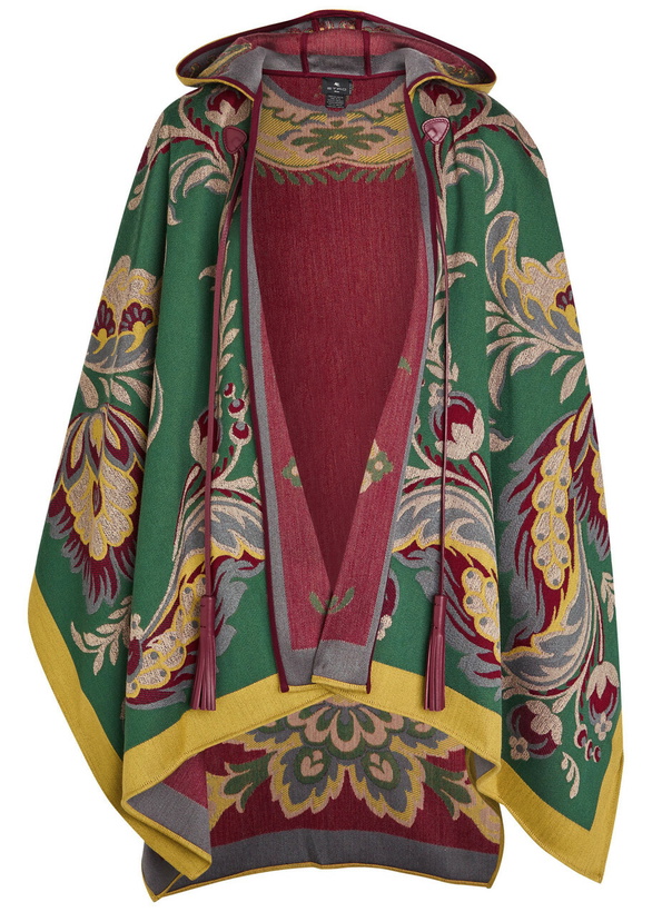 Photo: Etro Hooded Jacquard Wool-blend Cape - Multi Print - One Size