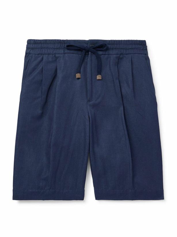 Photo: Incotex - Venezia 1951 Straight-Leg Cotton and Linen-Blend Twill Drawstring Bermuda Shorts - Blue