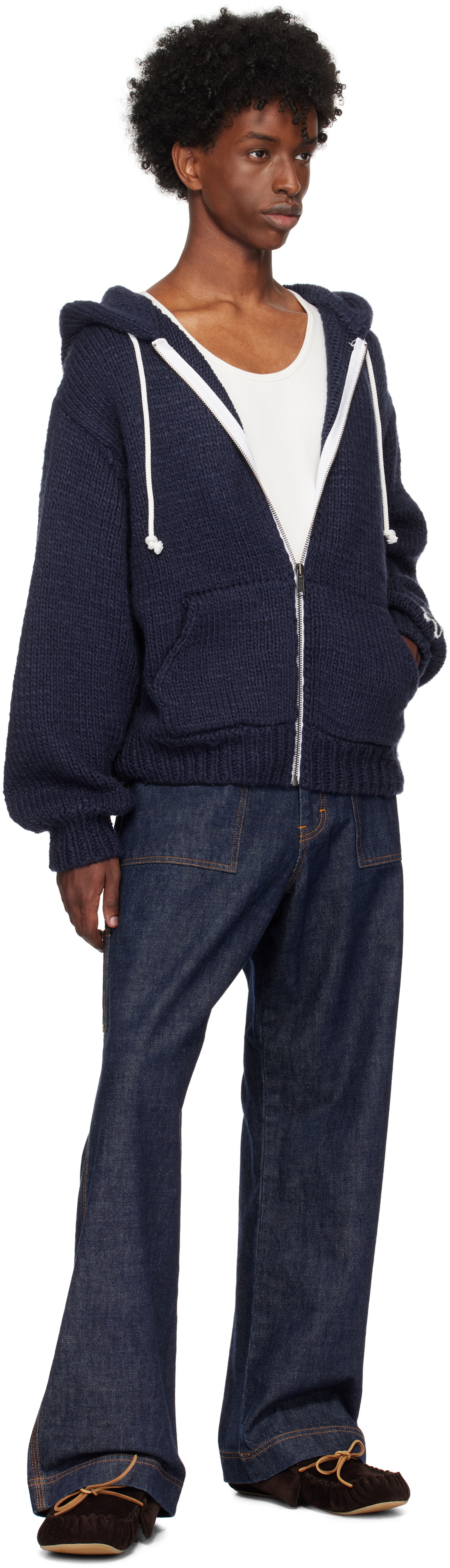 RICE NINE TEN Navy Hand Knitted Zip Hoodie