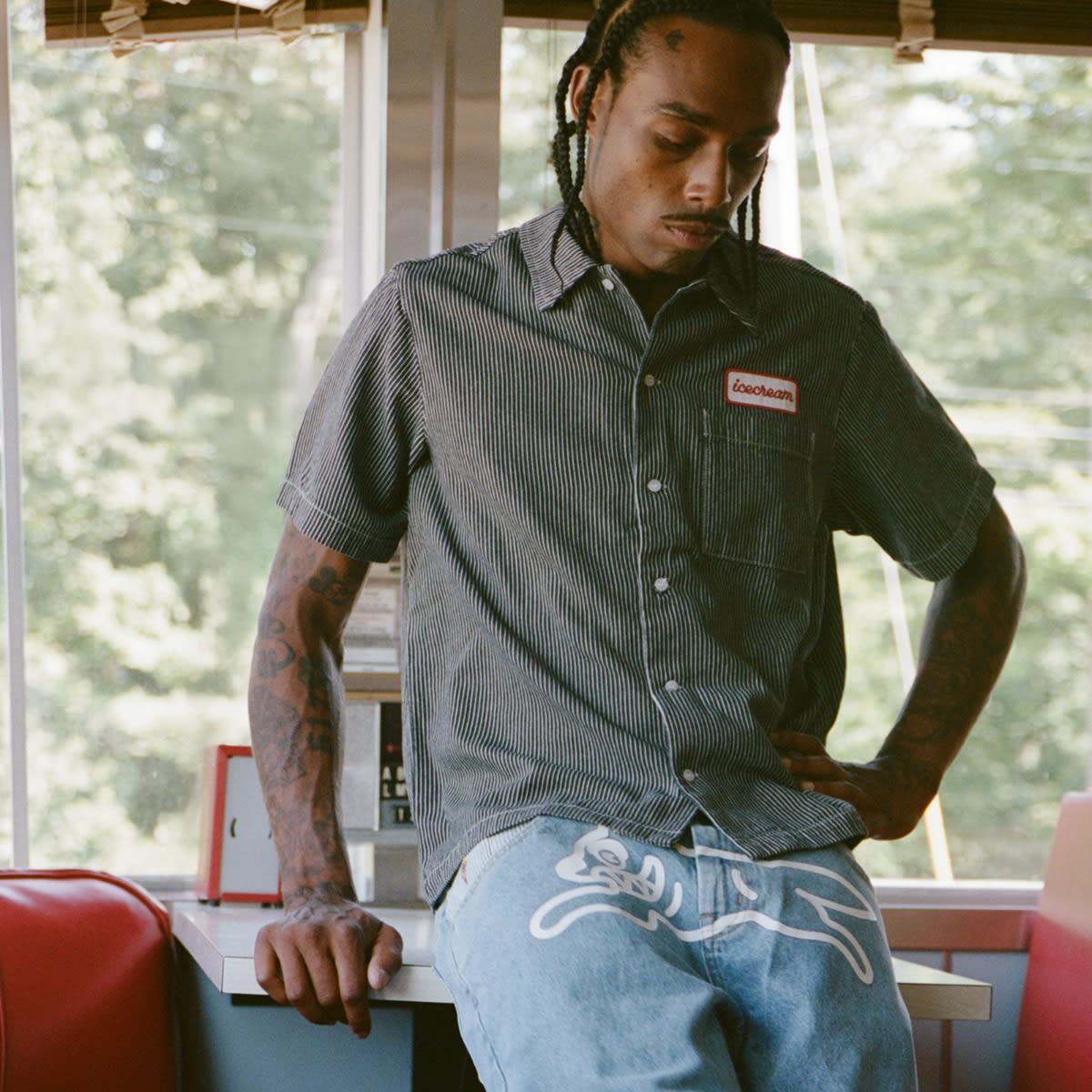 END. x ICECREAM Popsicle Hickory Denim Shirt in Grey