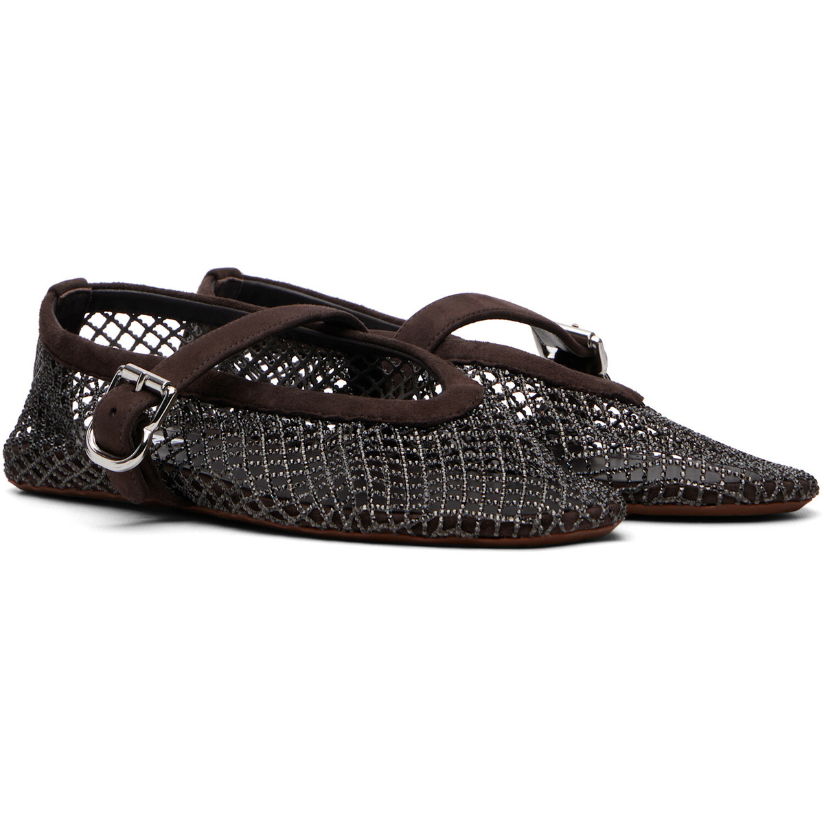 ALAÏA Brown Strass Fishnet Ballerina Flats