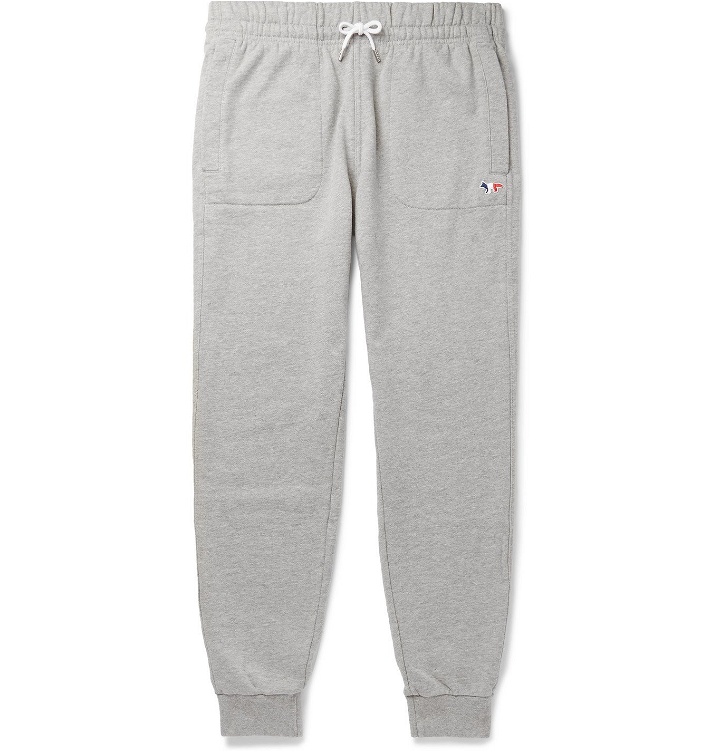Photo: Maison Kitsuné - Tapered Logo-Appliquéd Loopback Cotton-Jersey Sweatpants - Gray
