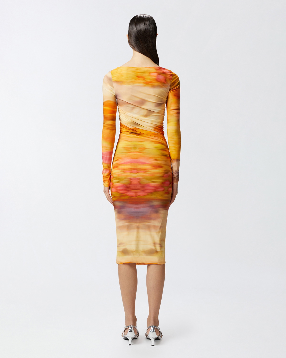 Pinko Slim Fit Midi Dress With Landscape Print Multi. Beige/Pink