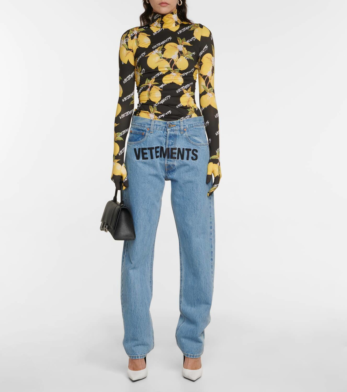 Vetements Printed jersey turtleneck top with gloves
