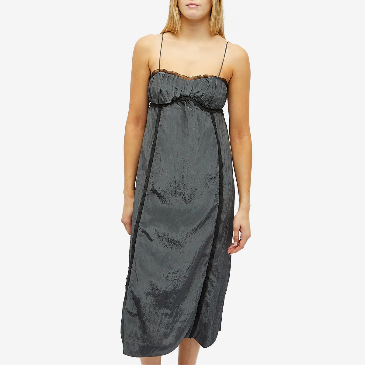 GANNI Women's Shiny Tech Strap Midi Dress in Grey Pinstripe GANNI