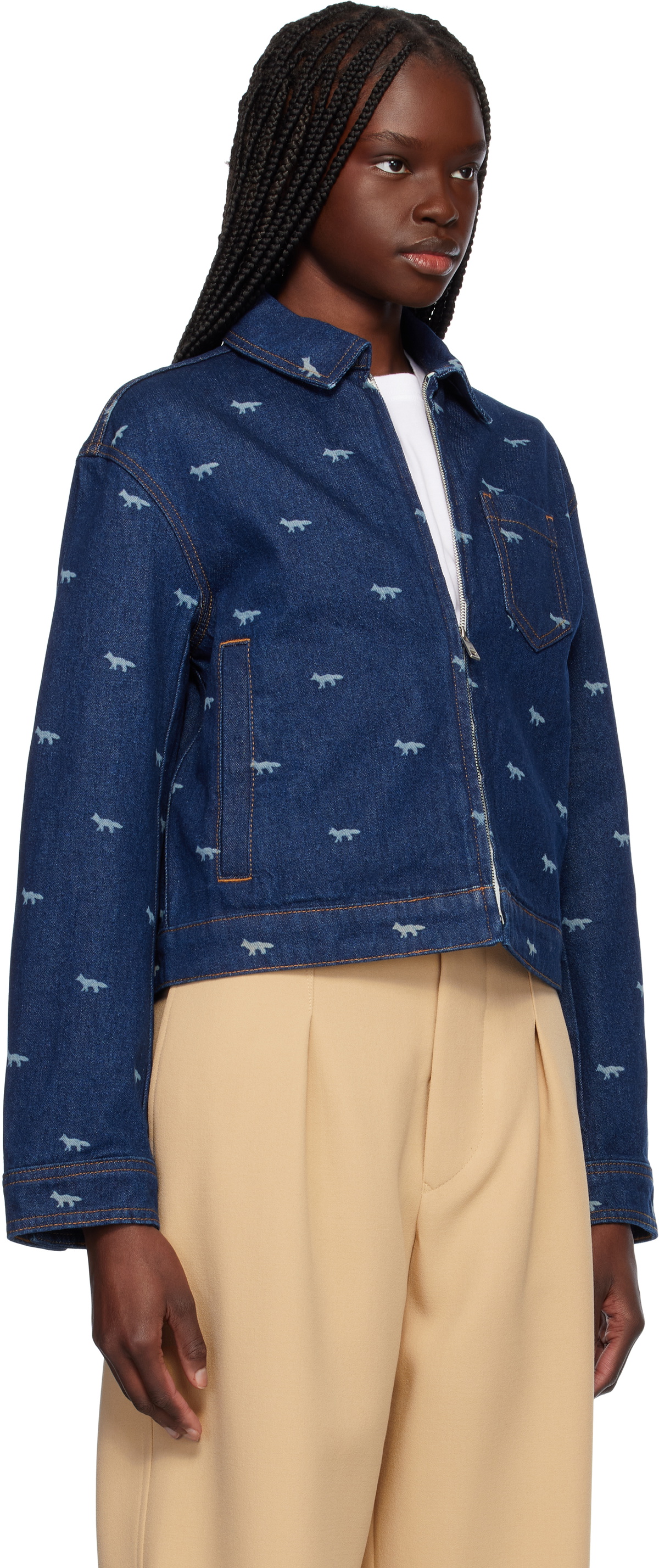 Maison Kitsuné Navy Zipped Cropped Denim Jacket Maison Kitsune