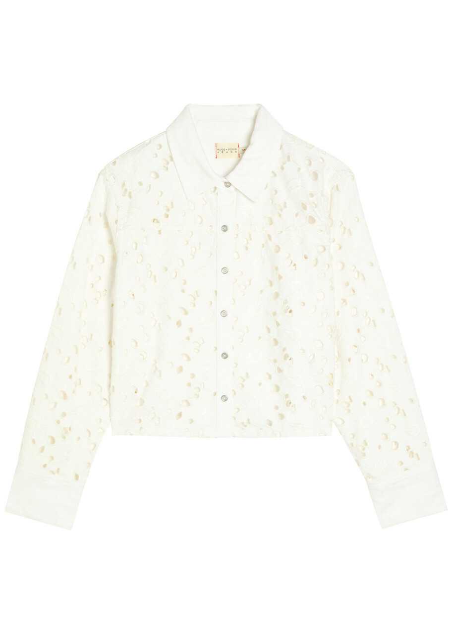 Alice + Olivia Finely Cutwork Embroidered Denim Shirt White