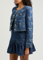 Self-portrait Bow-print Embellished Denim Cropped Jacket