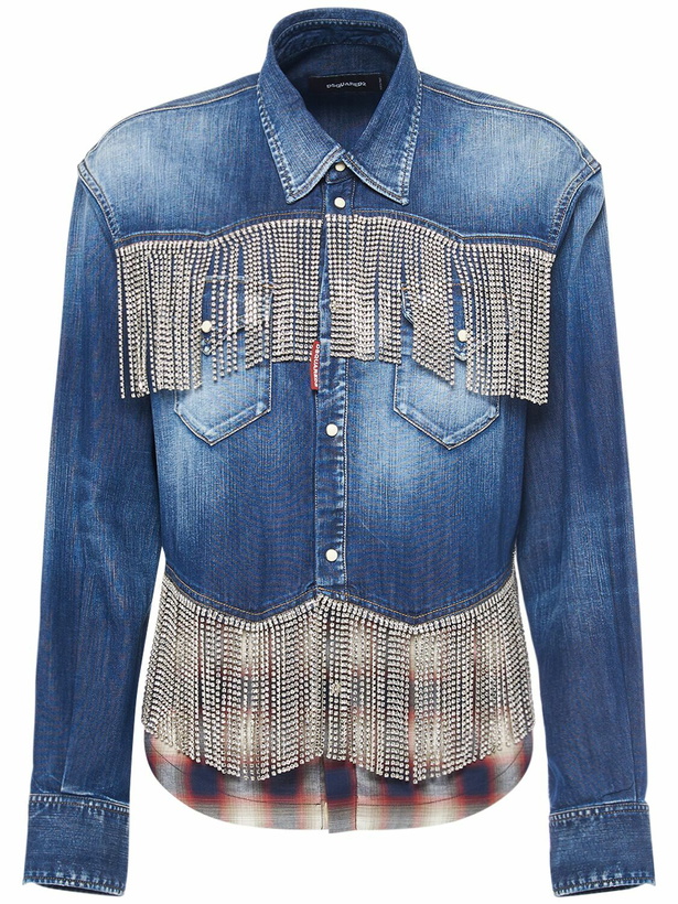 Photo: DSQUARED2 Denim & Tartan Shirt W/ Crystal Fringe