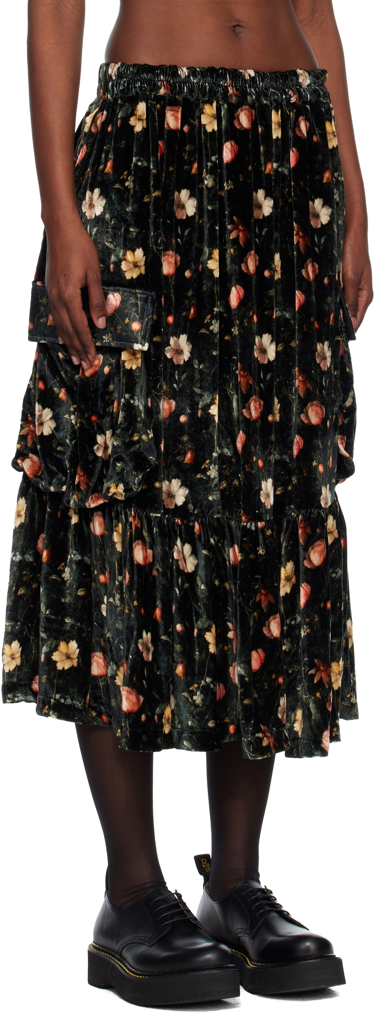 R13 Black Gathered Cargo Midi Skirt