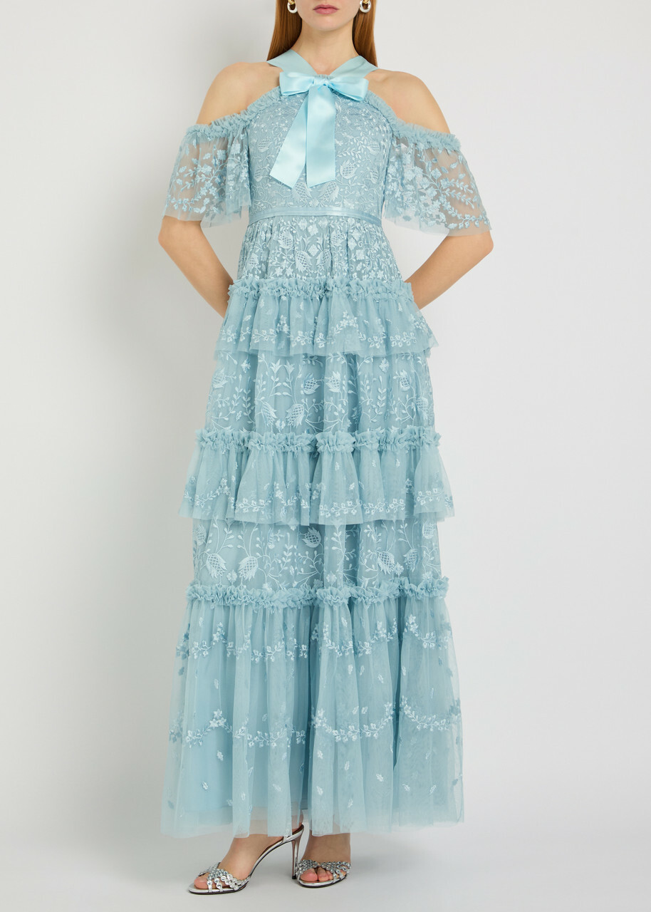 Needle & Thread Primrose Floral-embroidered Tulle Gown Blue