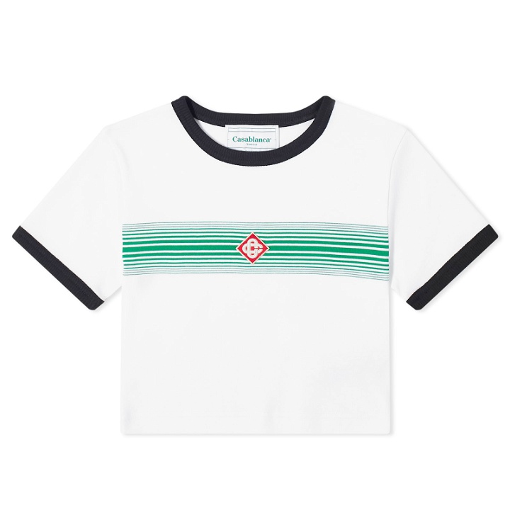 Photo: Casablanca Women's Logo Stripe Ringer T-Shirt in Gradient Stripe