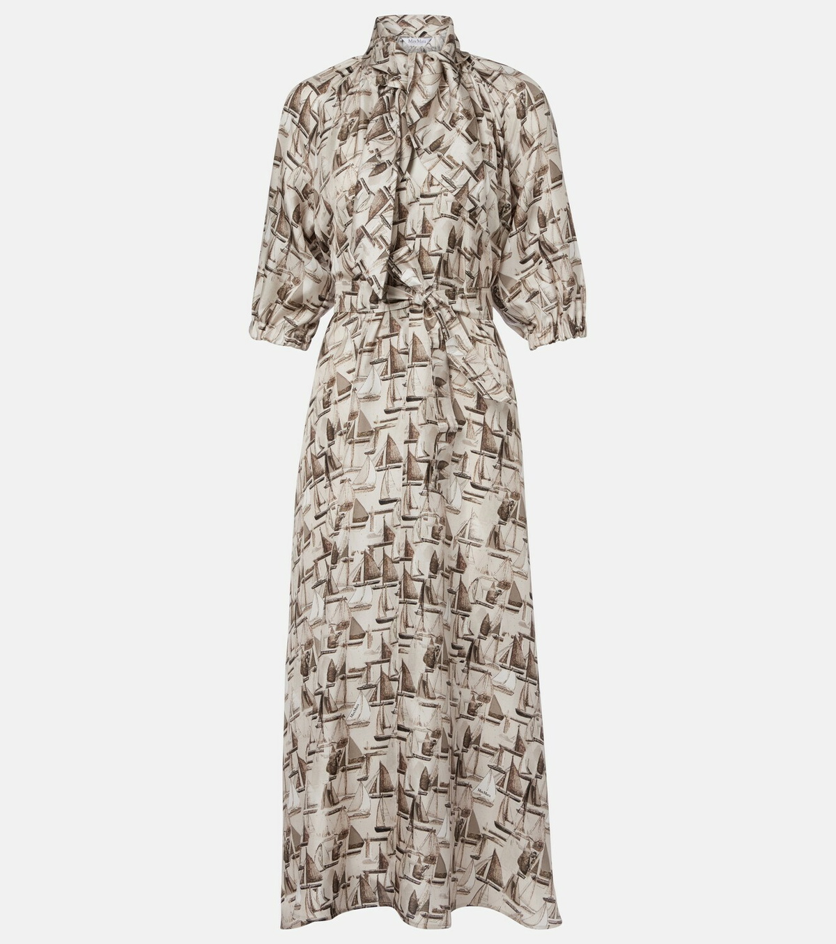 Max Mara Printed tie-neck silk twill midi dress