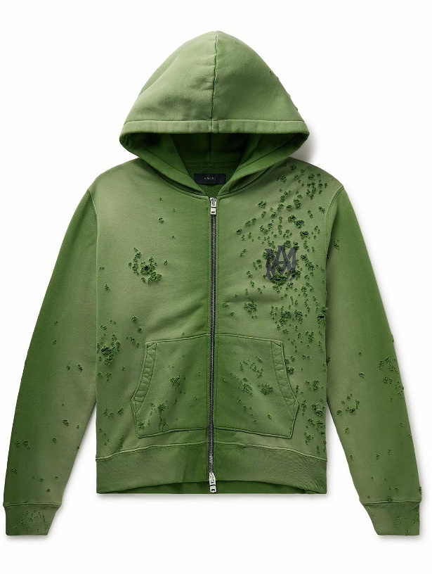 Photo: AMIRI - Distressed Logo-Print Cotton-Jersey Zip-Up Hoodie - Green