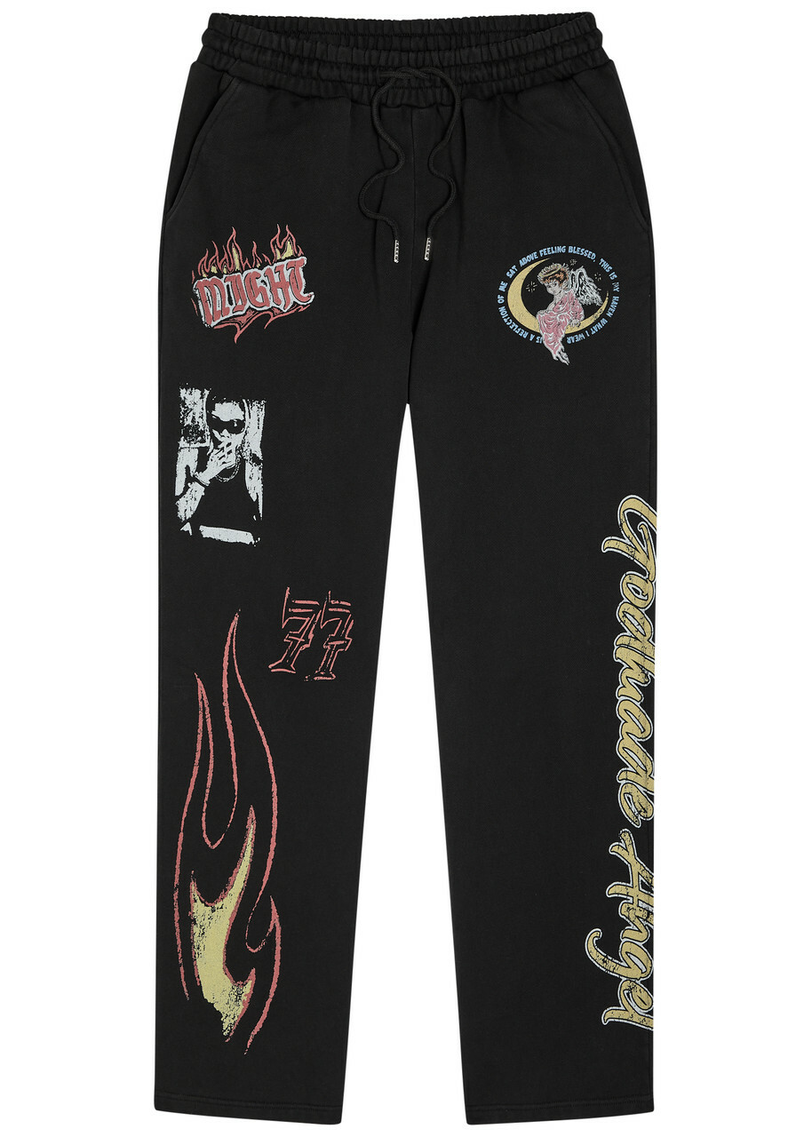 God Made Angel Printed Straight-leg Cotton Sweatpants Black