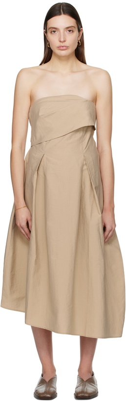 beige strapless midi dress BEIGE STRAPLESS MIDI DRESS WITH FABRIC FLOWERS | CULT MIA main image 1