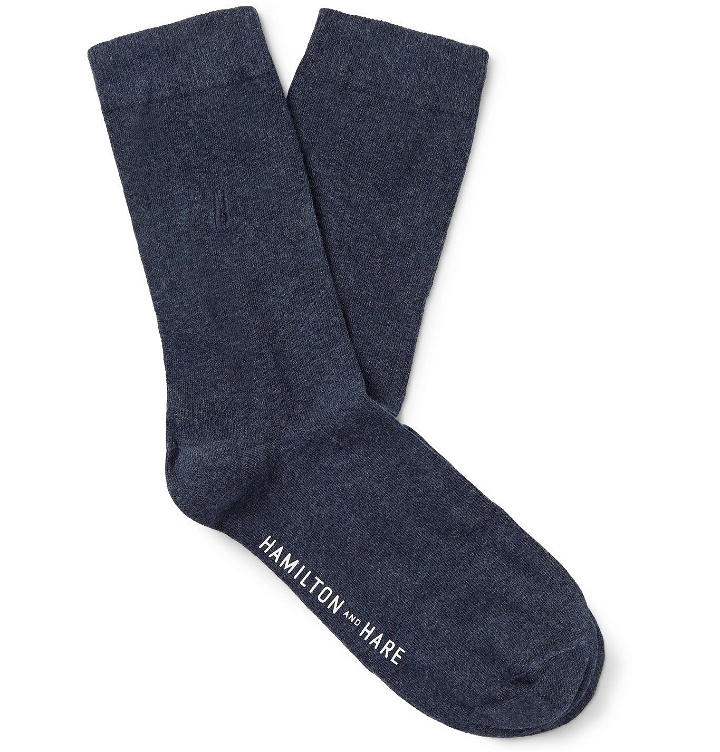 Photo: Hamilton and Hare - Everyday Logo-Embroidered Mélange Cotton Socks - Blue