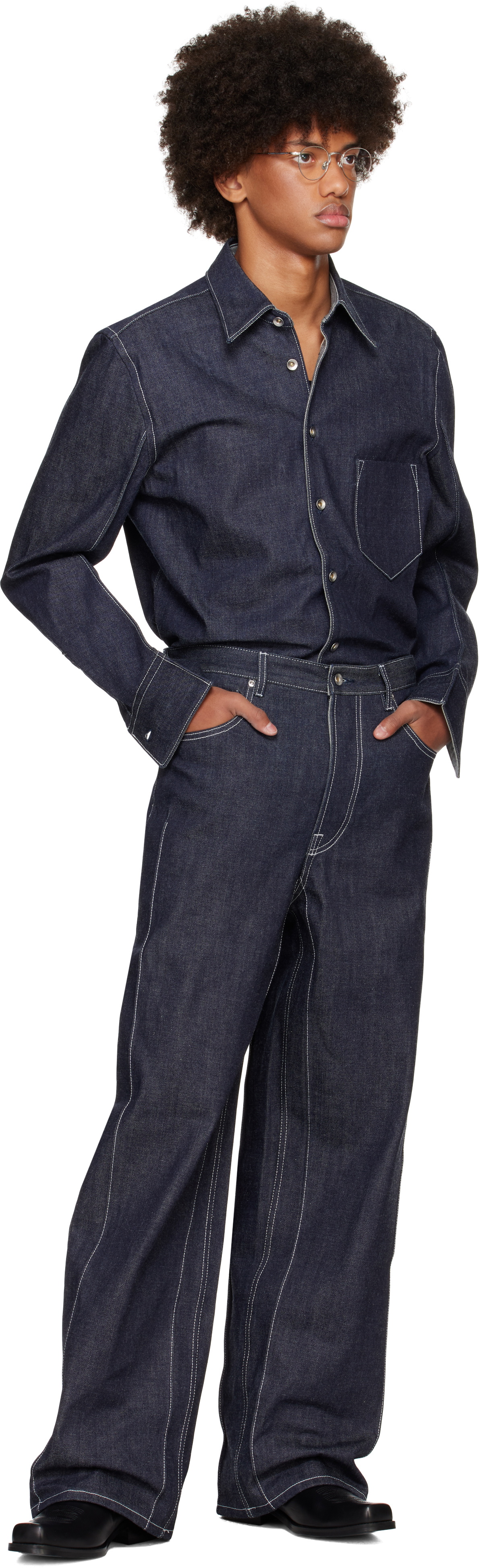 Karmuel Young Navy Raw Curved Arm Denim Shirt