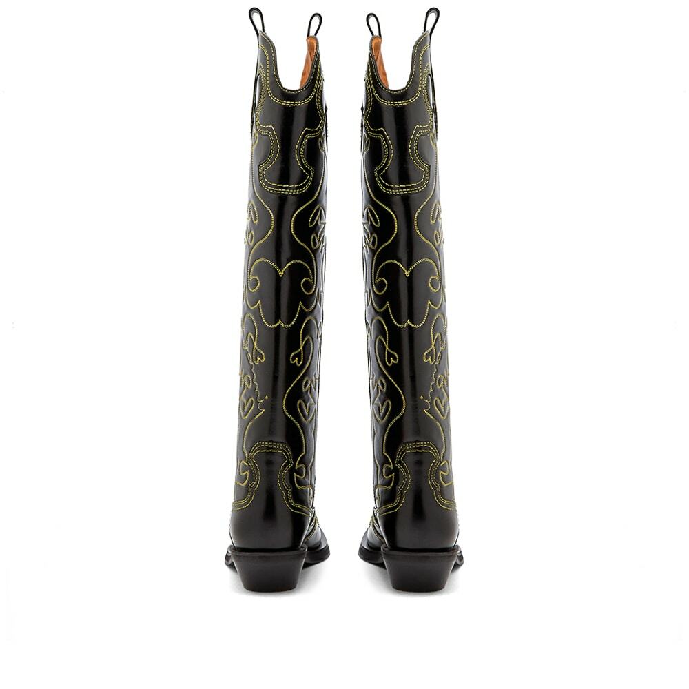 GANNI Women's Knee High Embroidered Western Boot in Black/Yellow GANNI